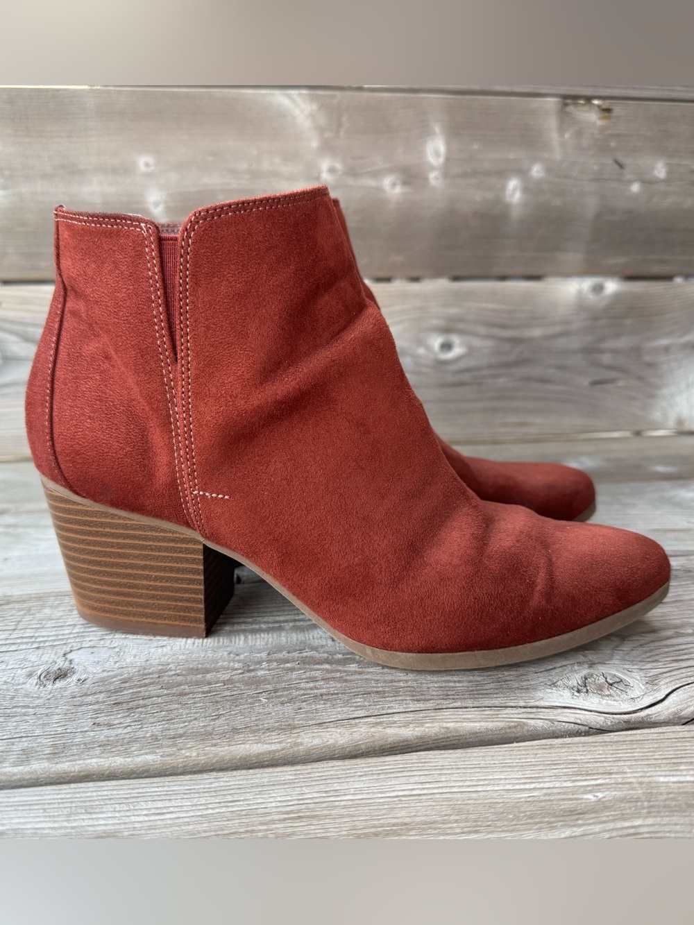 dexflex comfort Rust Suede Ankle Booties with Stacked Heel